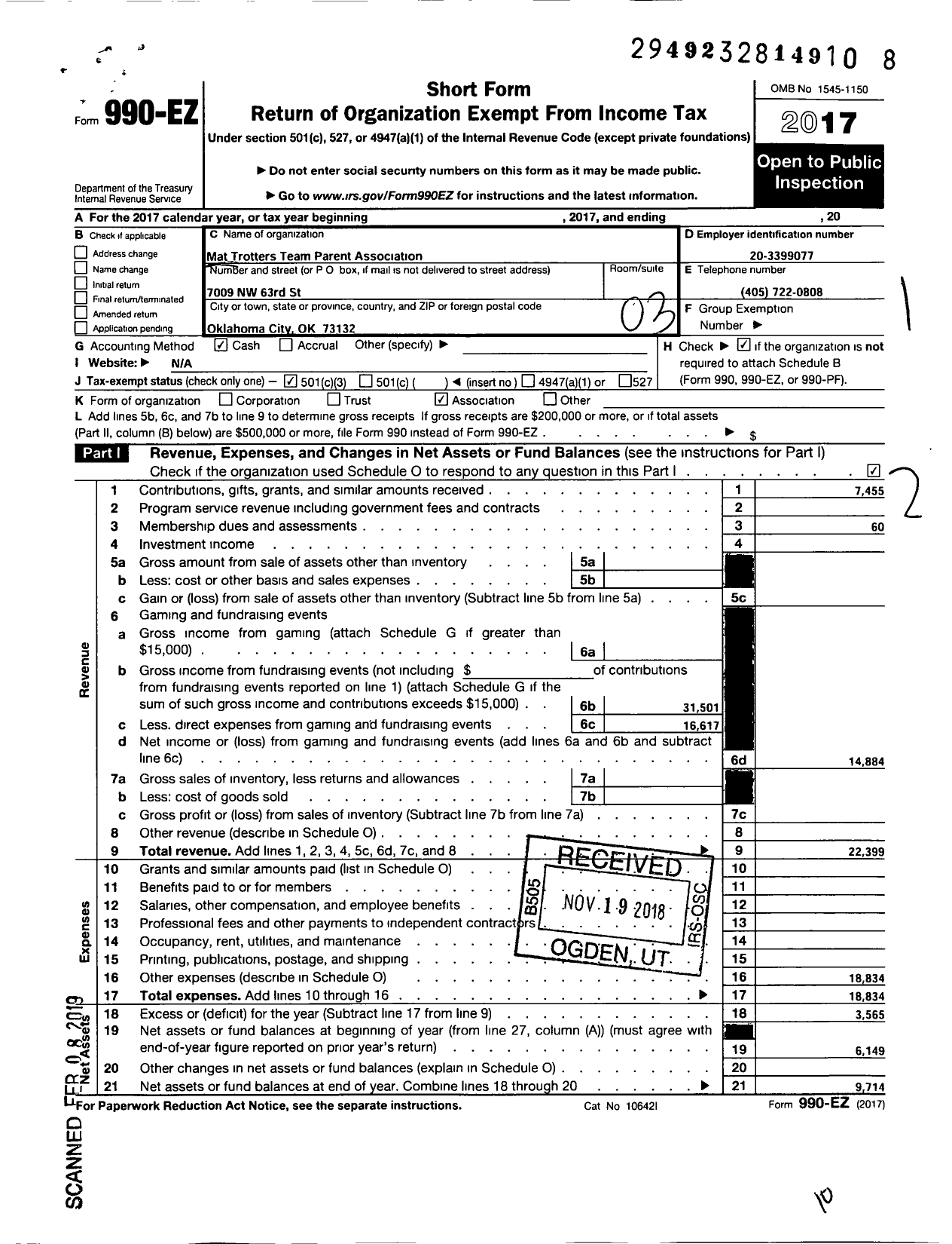 Image of first page of 2017 Form 990EZ for Mat Trotters Team Parent Organization