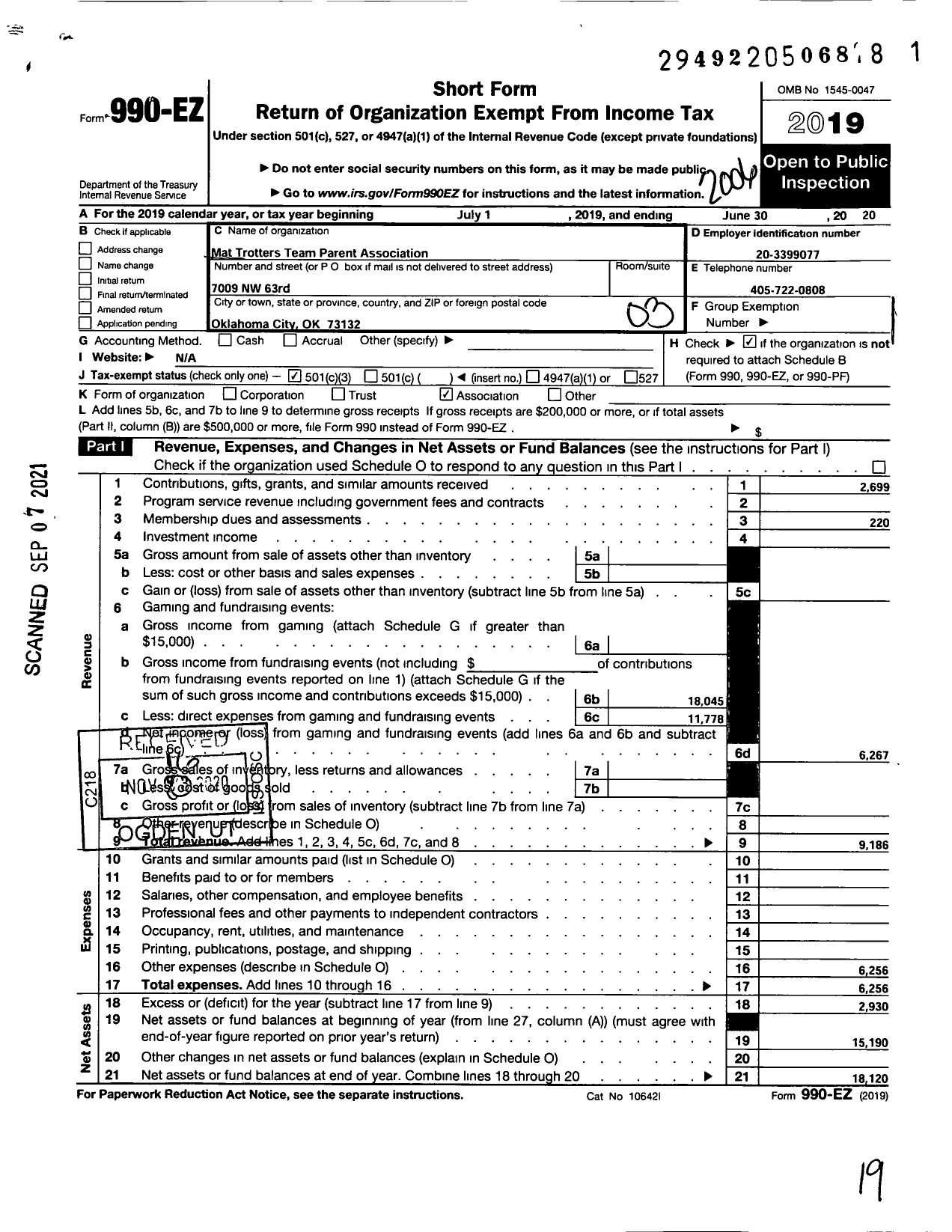 Image of first page of 2019 Form 990EZ for Mat Trotters Team Parent Organization