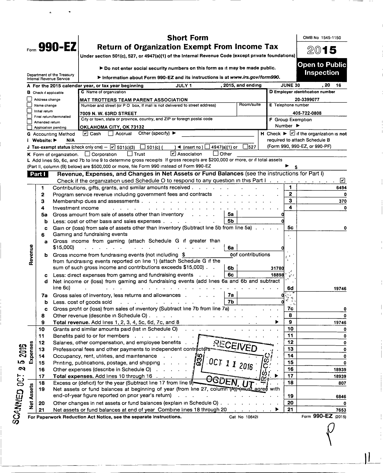 Image of first page of 2015 Form 990EZ for Mat Trotters Team Parent Organization