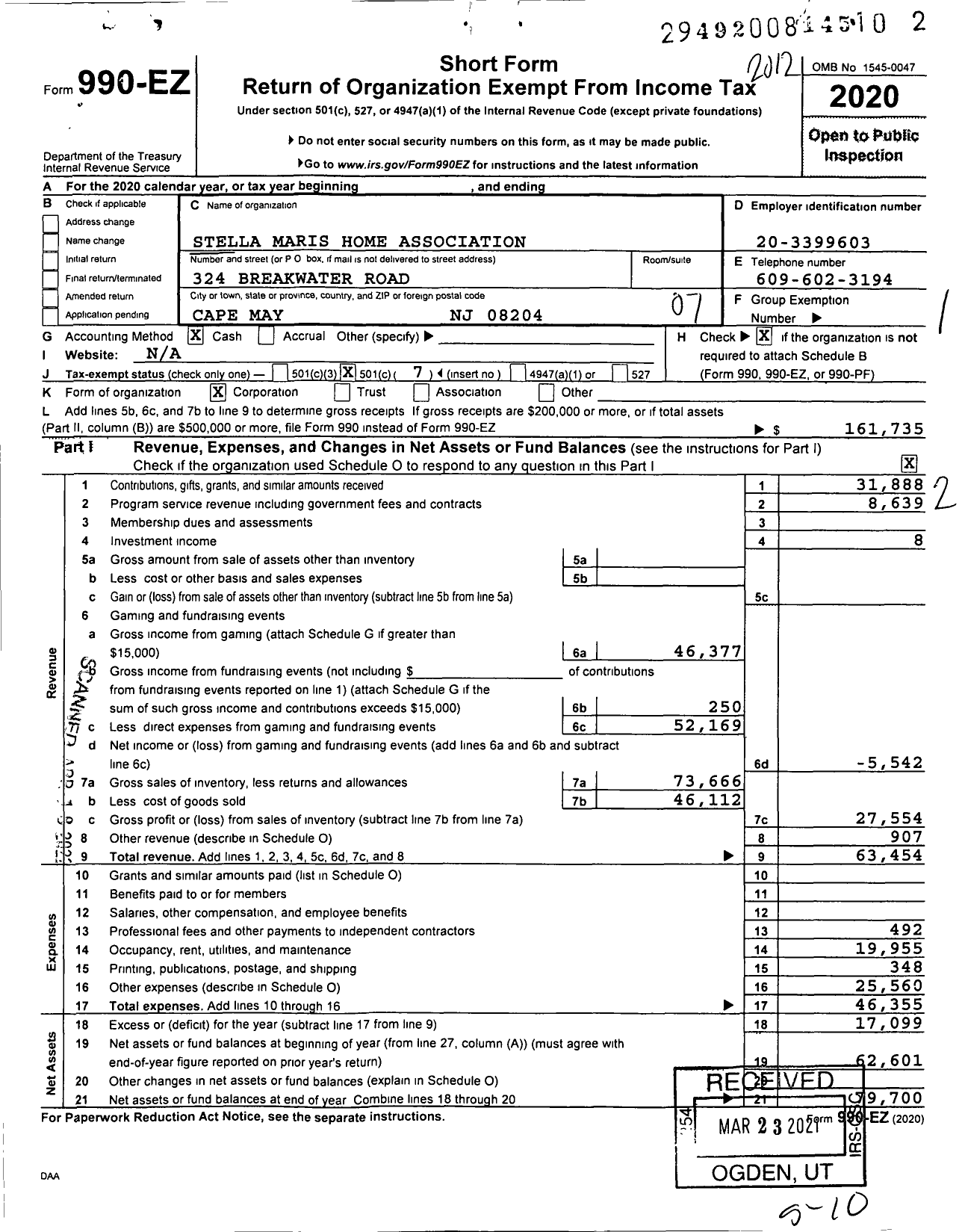 Image of first page of 2020 Form 990EO for Stella Maris Home Association