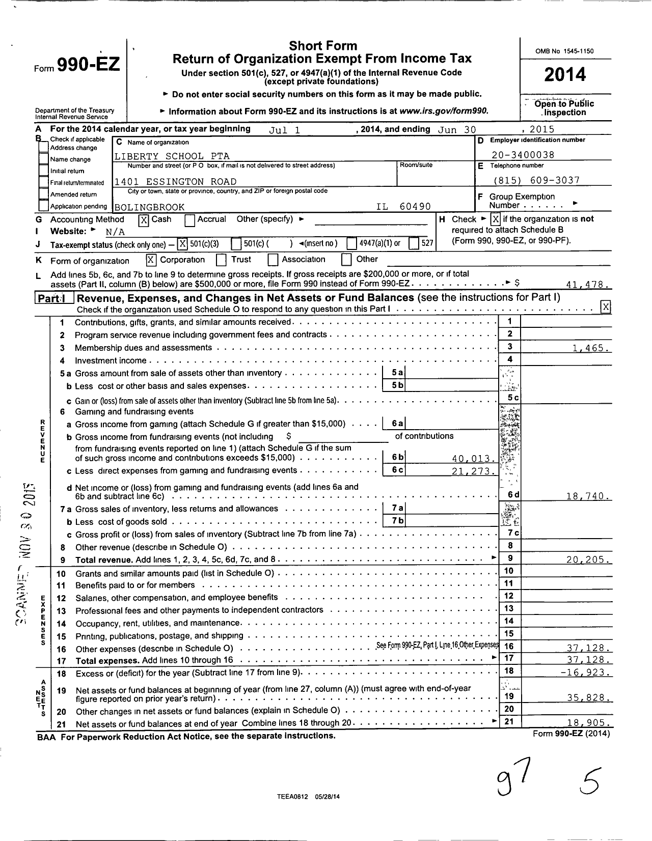 Image of first page of 2014 Form 990EZ for Illinois PTA - Liberty Elementary PTA