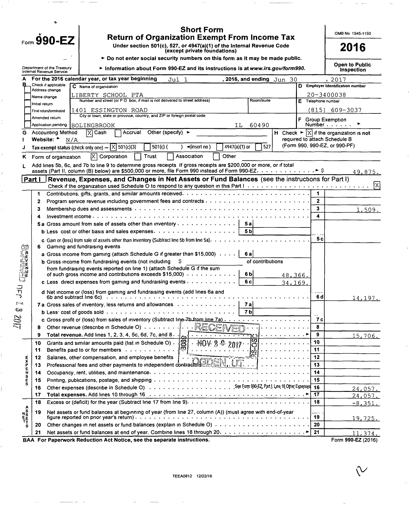 Image of first page of 2016 Form 990EZ for Illinois PTA - Liberty Elementary PTA