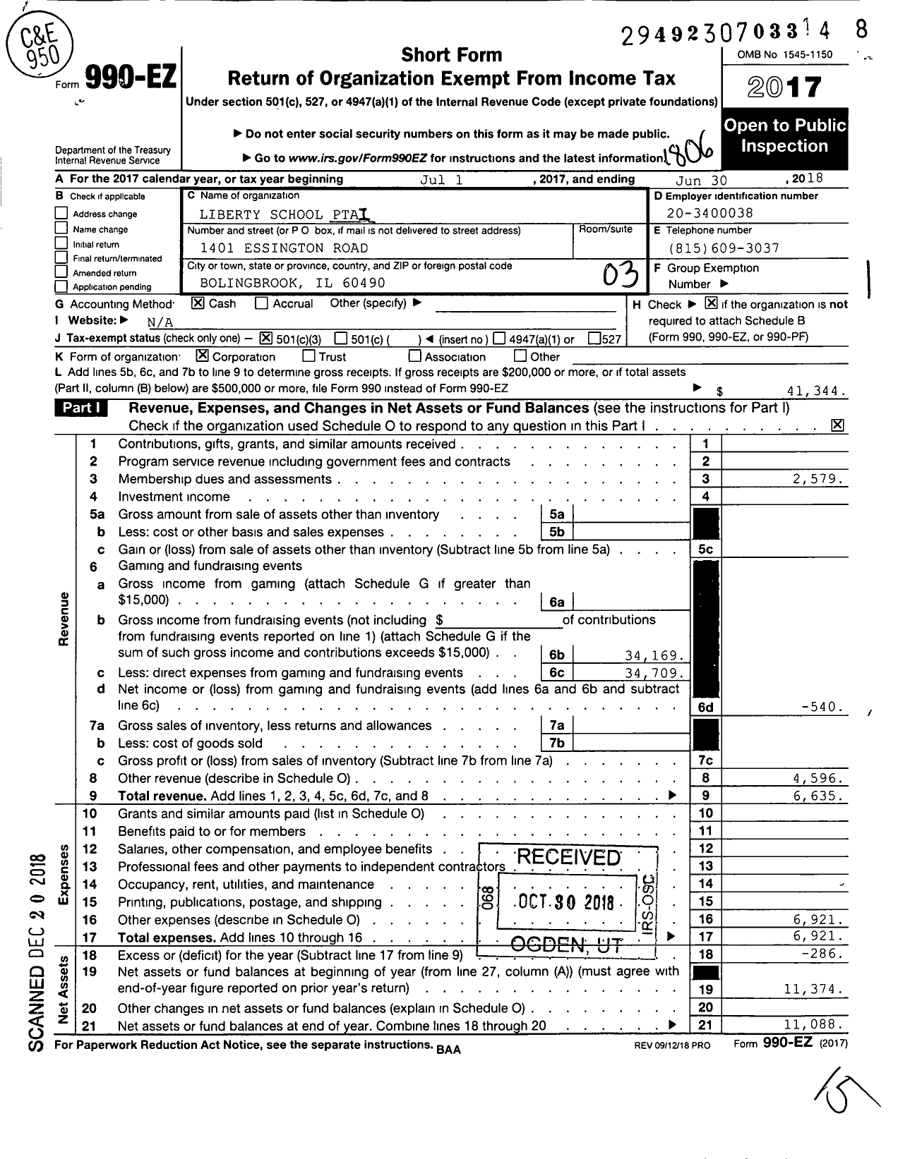 Image of first page of 2017 Form 990EZ for Illinois PTA - Liberty Elementary PTA