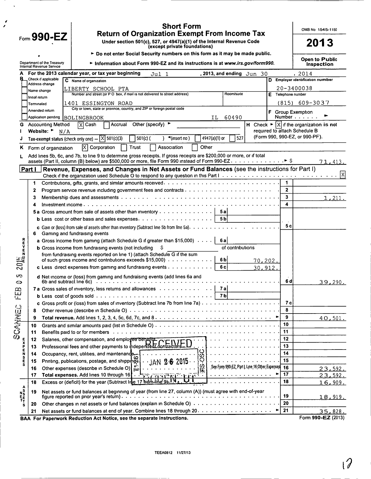 Image of first page of 2013 Form 990EZ for Illinois PTA - Liberty Elementary PTA