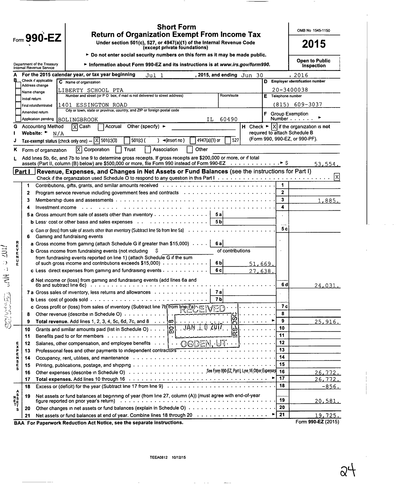 Image of first page of 2015 Form 990EZ for Illinois PTA - Liberty Elementary PTA