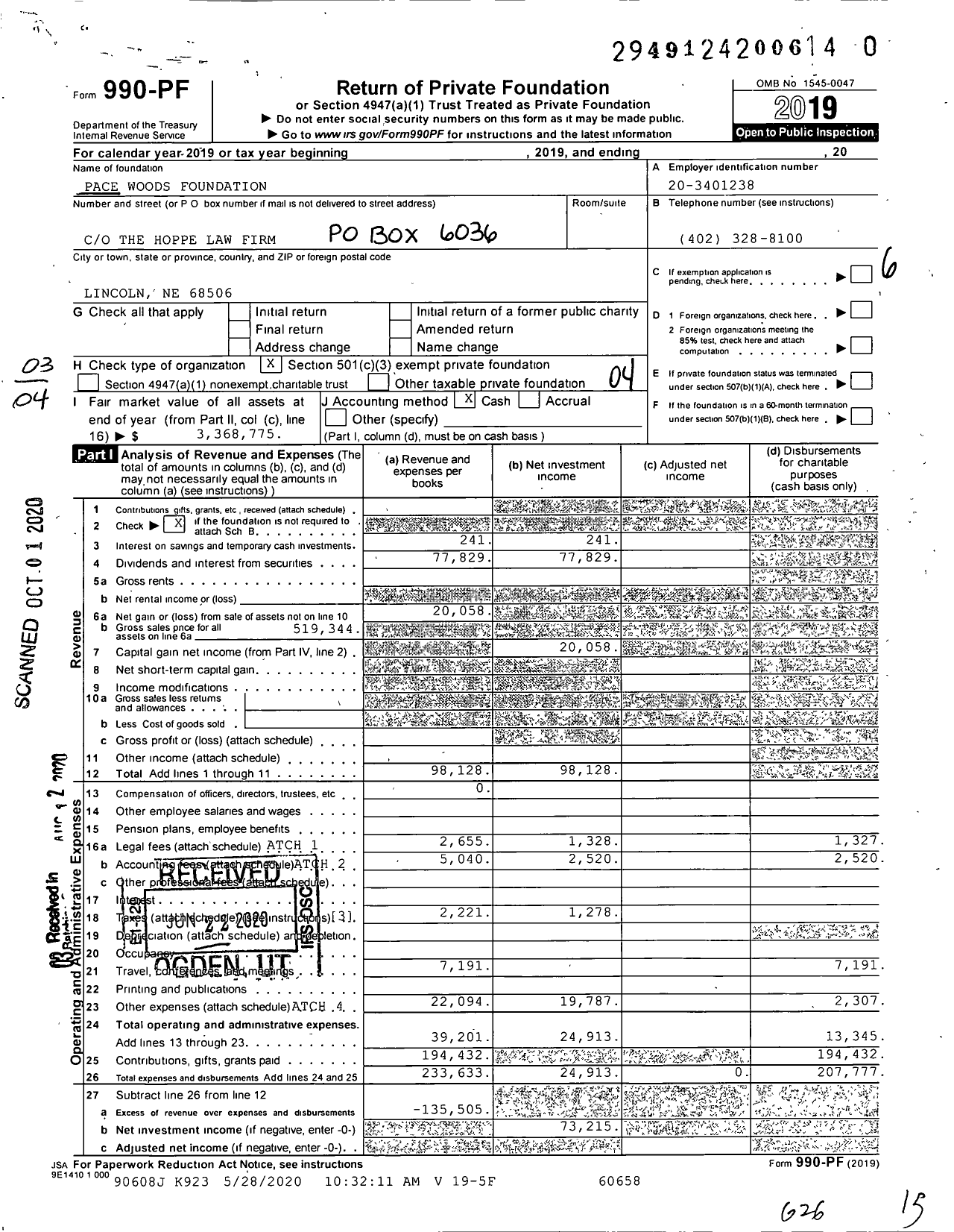 Image of first page of 2019 Form 990PR for Pace Woods Foundation