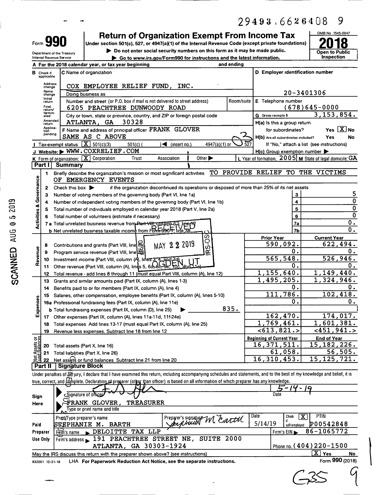 Image of first page of 2018 Form 990 for Cox Employee Relief Fund