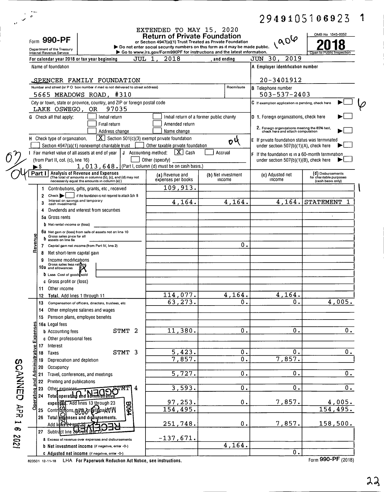 Image of first page of 2018 Form 990PF for Spencer Family Foundation