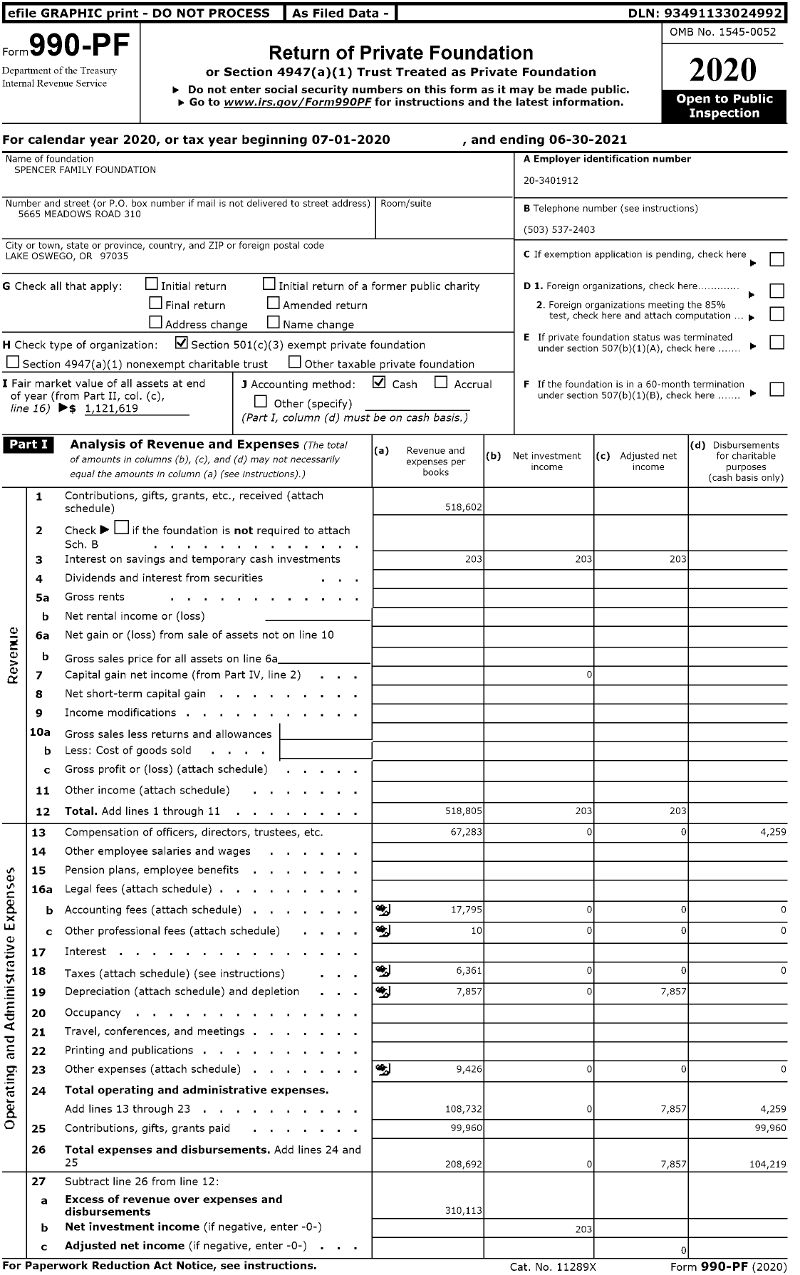 Image of first page of 2020 Form 990PF for Spencer Family Foundation