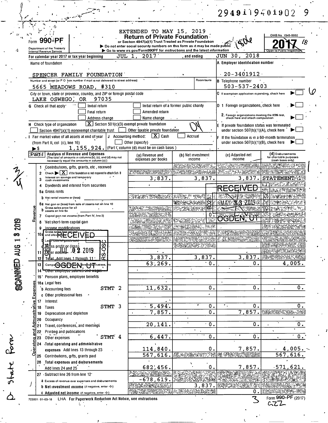 Image of first page of 2017 Form 990PF for Spencer Family Foundation