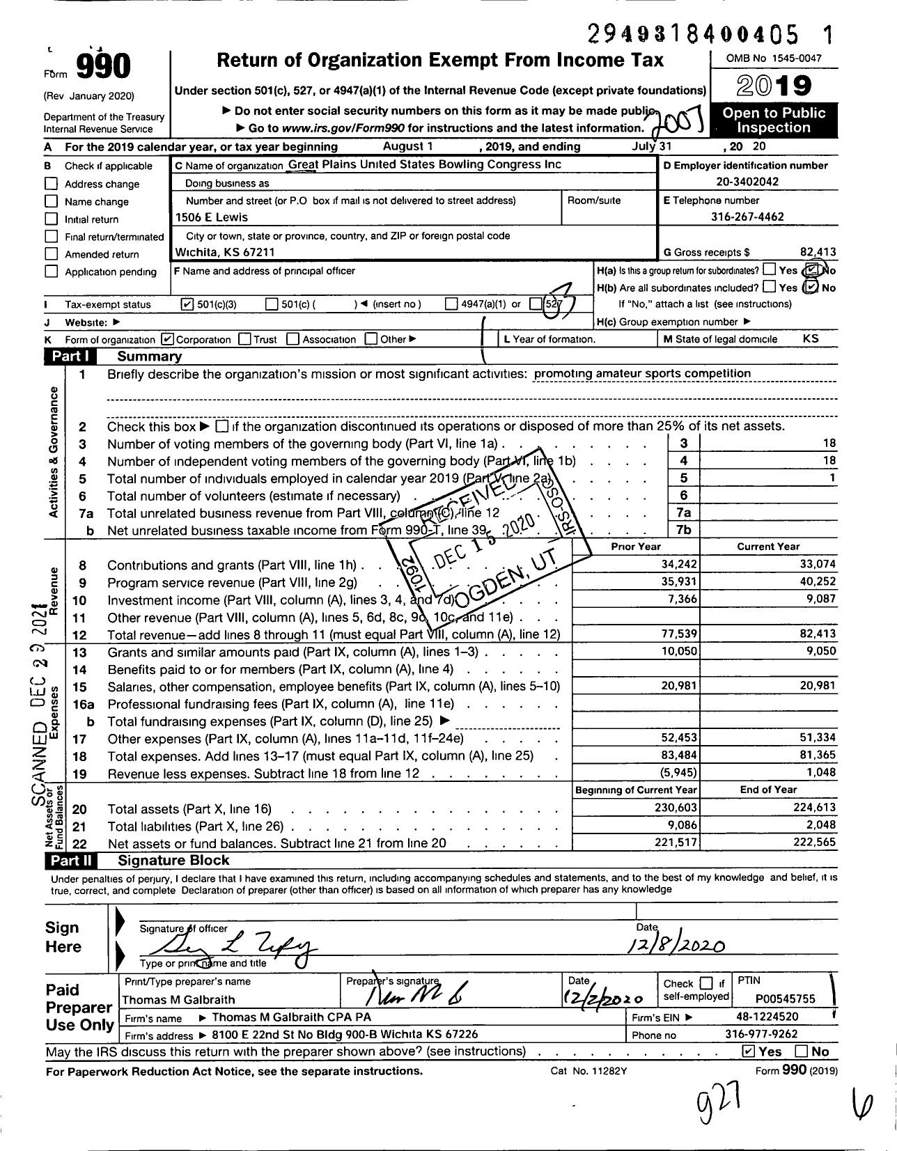 Image of first page of 2019 Form 990 for United States Bowling Congress - 81608 Great Plains Usbc