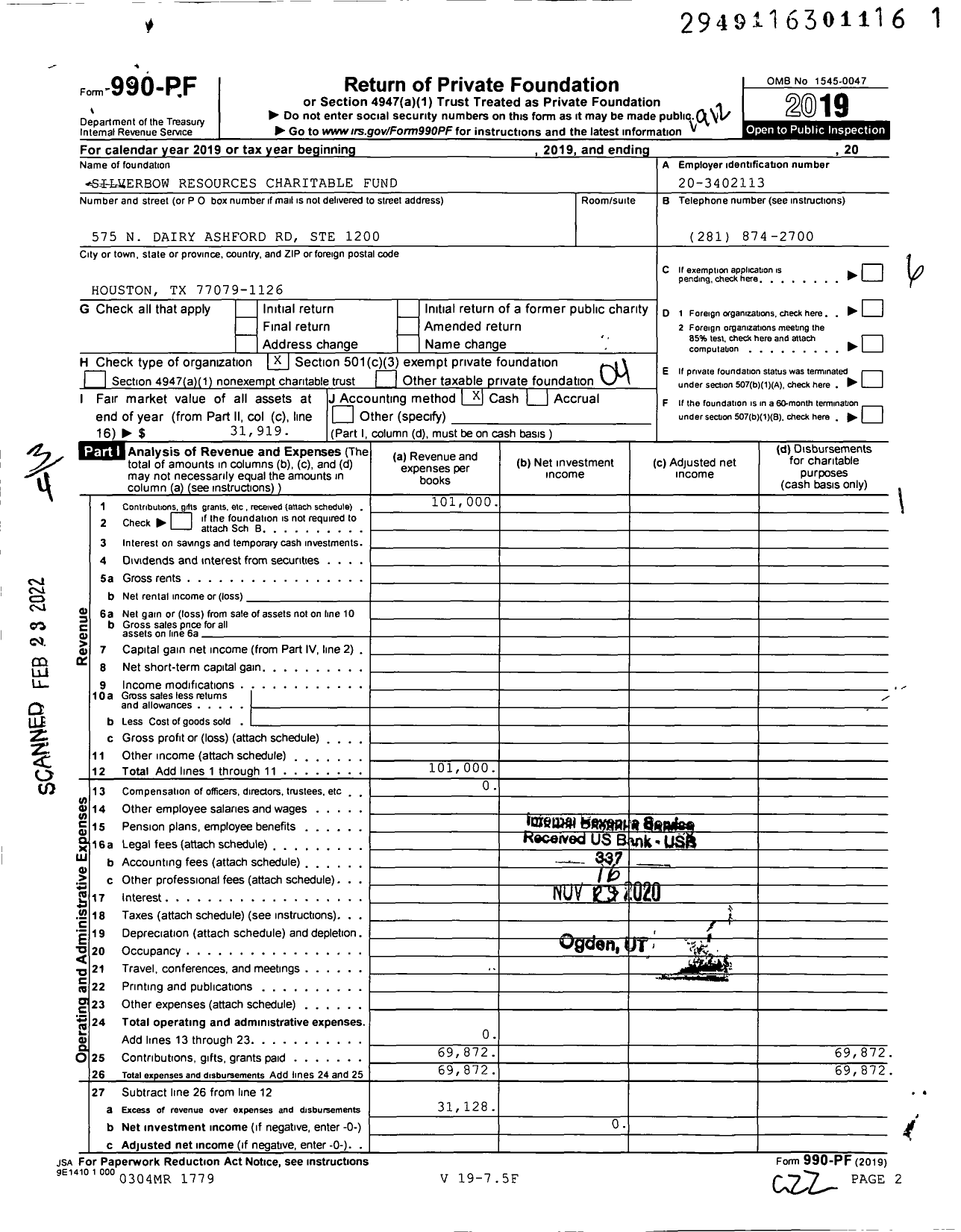 Image of first page of 2019 Form 990PF for SilverBow Resources Charitable Fund