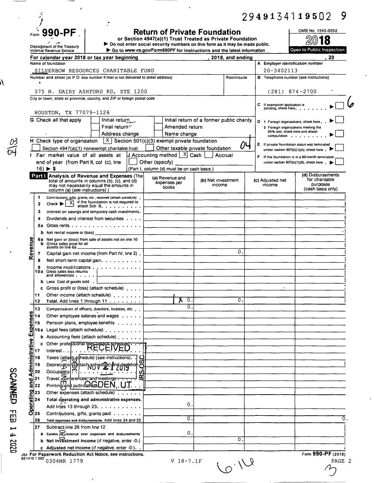 Image of first page of 2018 Form 990PF for SilverBow Resources Charitable Fund