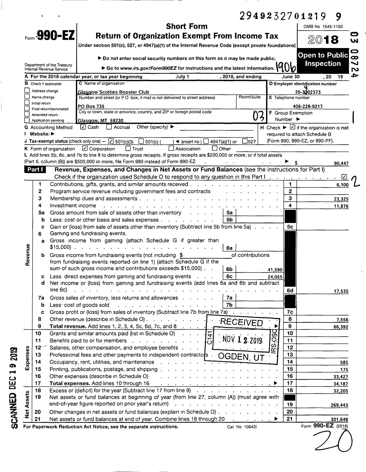 Image of first page of 2018 Form 990EZ for Glasgow Scotties Booster