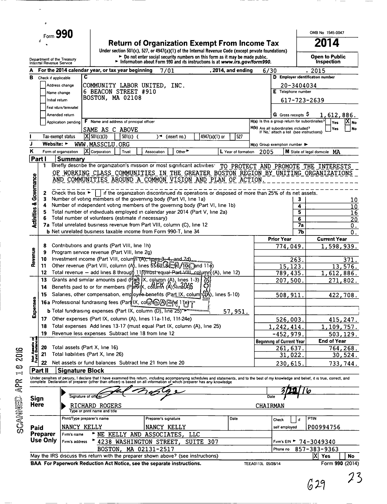 Image of first page of 2014 Form 990 for Community Labor United