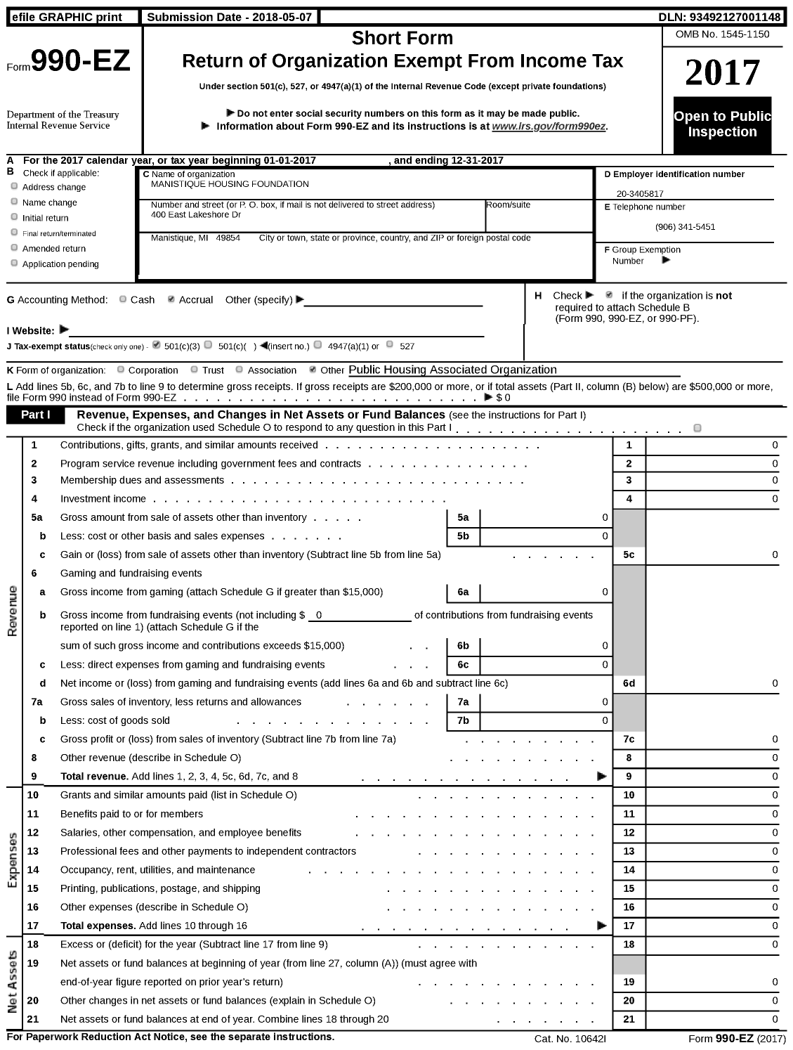 Image of first page of 2017 Form 990EZ for Manistique Housing Foundation