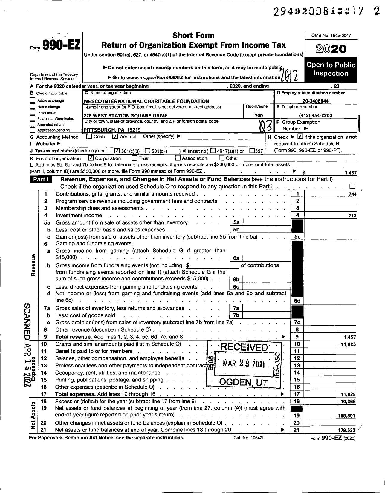 Image of first page of 2020 Form 990EZ for Wesco International Charitable Foundation