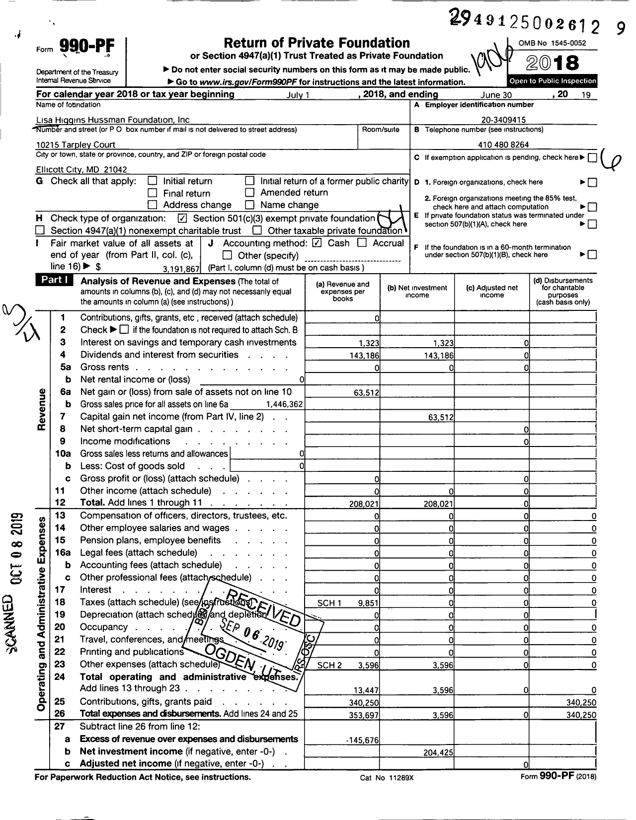 Image of first page of 2018 Form 990PF for Lisa Higgins Hussman Foundation