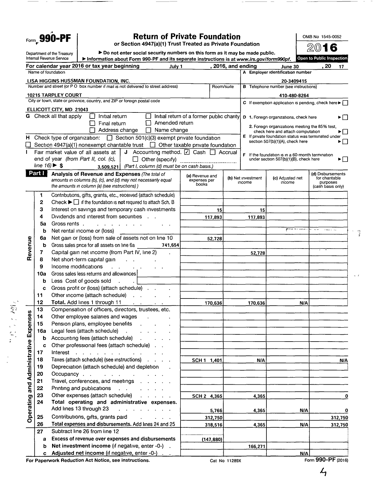 Image of first page of 2016 Form 990PF for Lisa Higgins Hussman Foundation