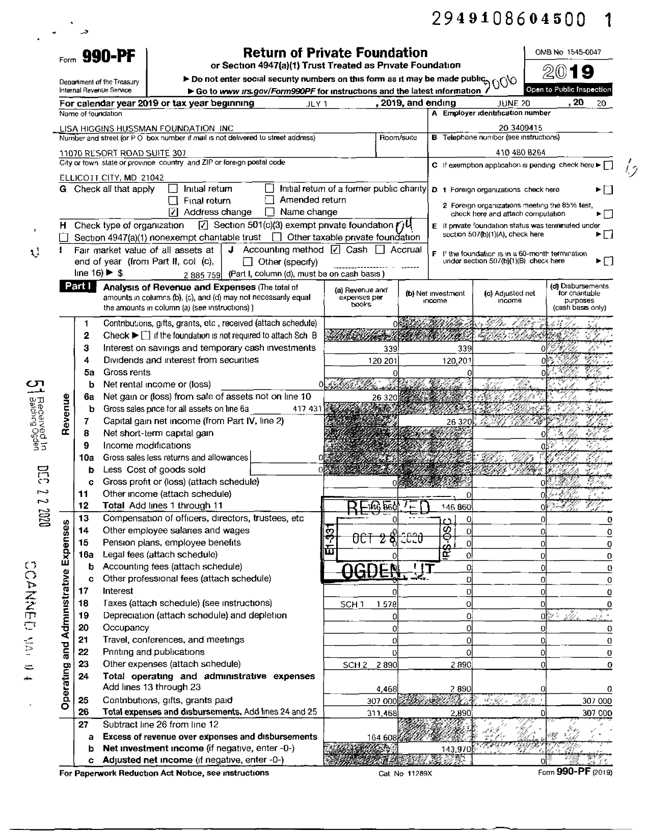 Image of first page of 2019 Form 990PF for Lisa Higgins Hussman Foundation