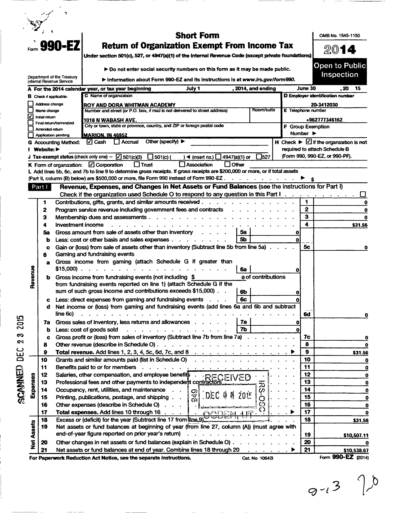 Image of first page of 2014 Form 990EZ for Roy and Dora Whitman Academy