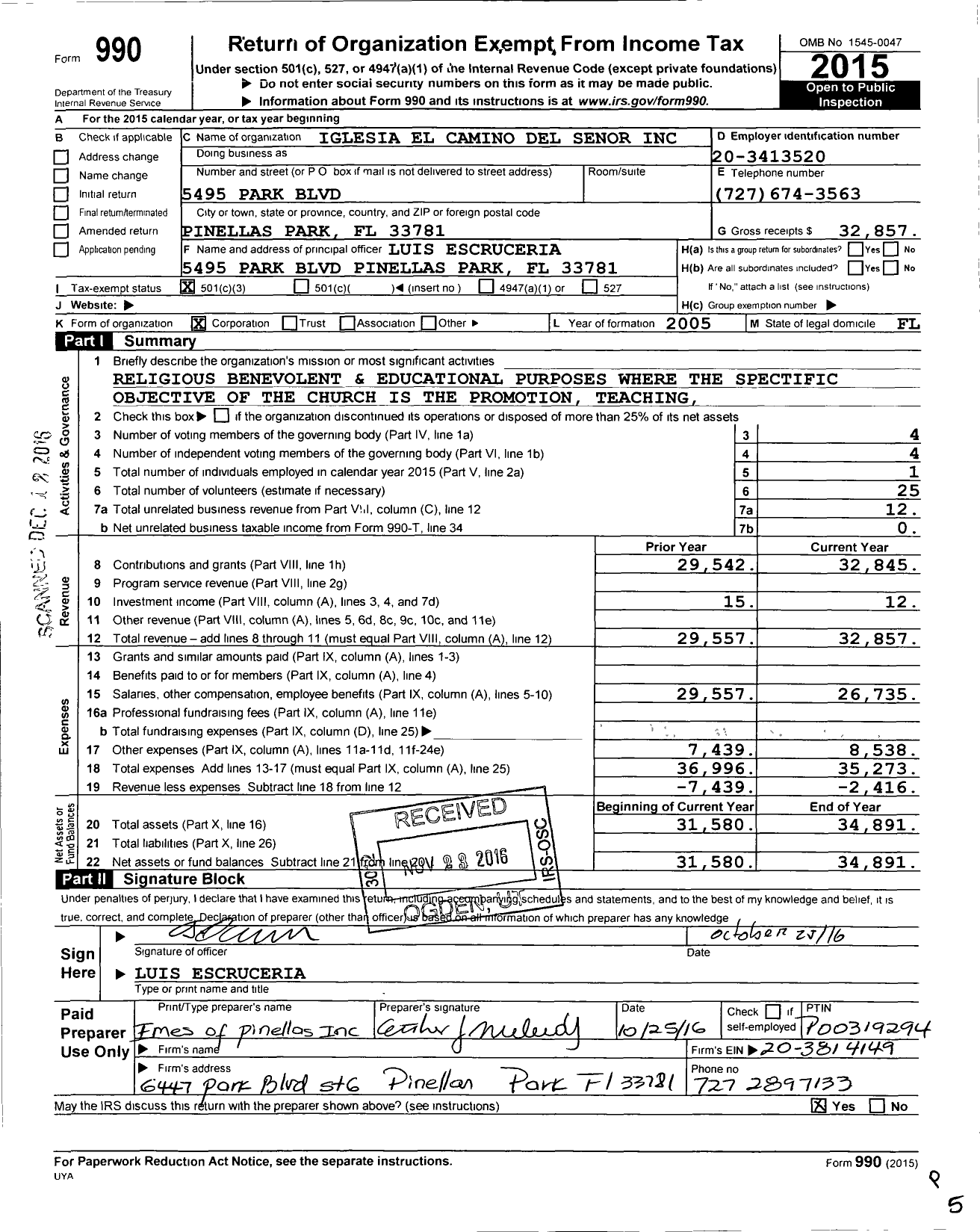 Image of first page of 2015 Form 990 for Iglesia El Camino Del Senor