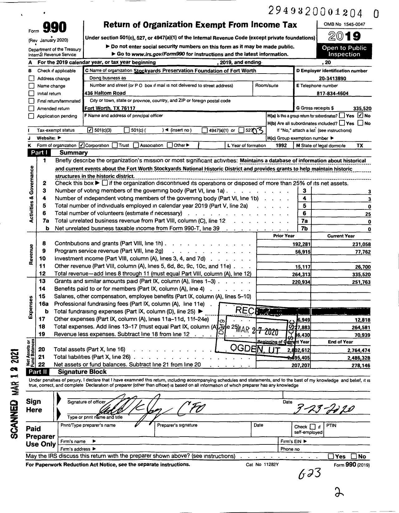 Image of first page of 2019 Form 990 for Stockyards Preservation Foundation of Fort Worth