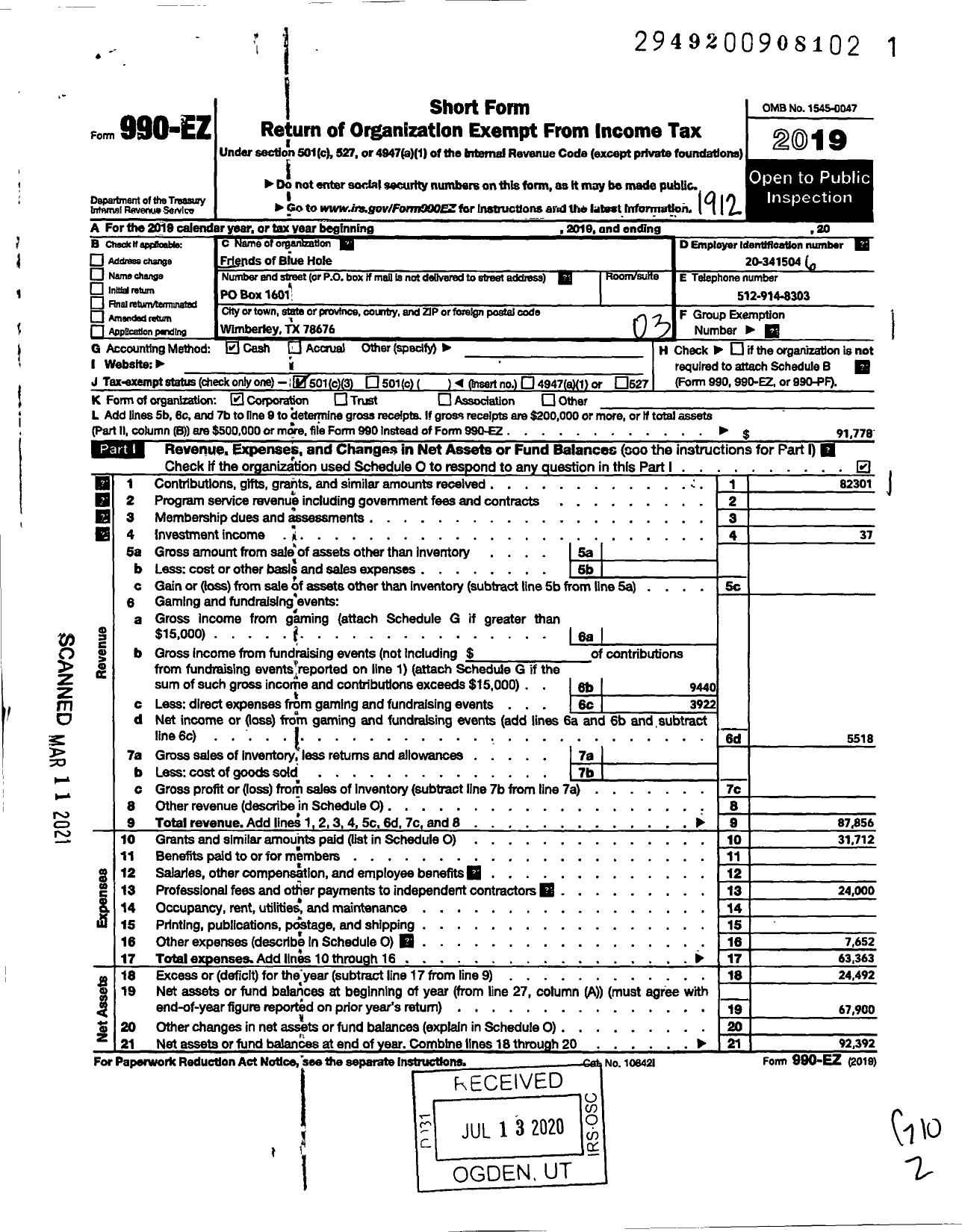 Image of first page of 2019 Form 990EZ for Friends of Blue Hole