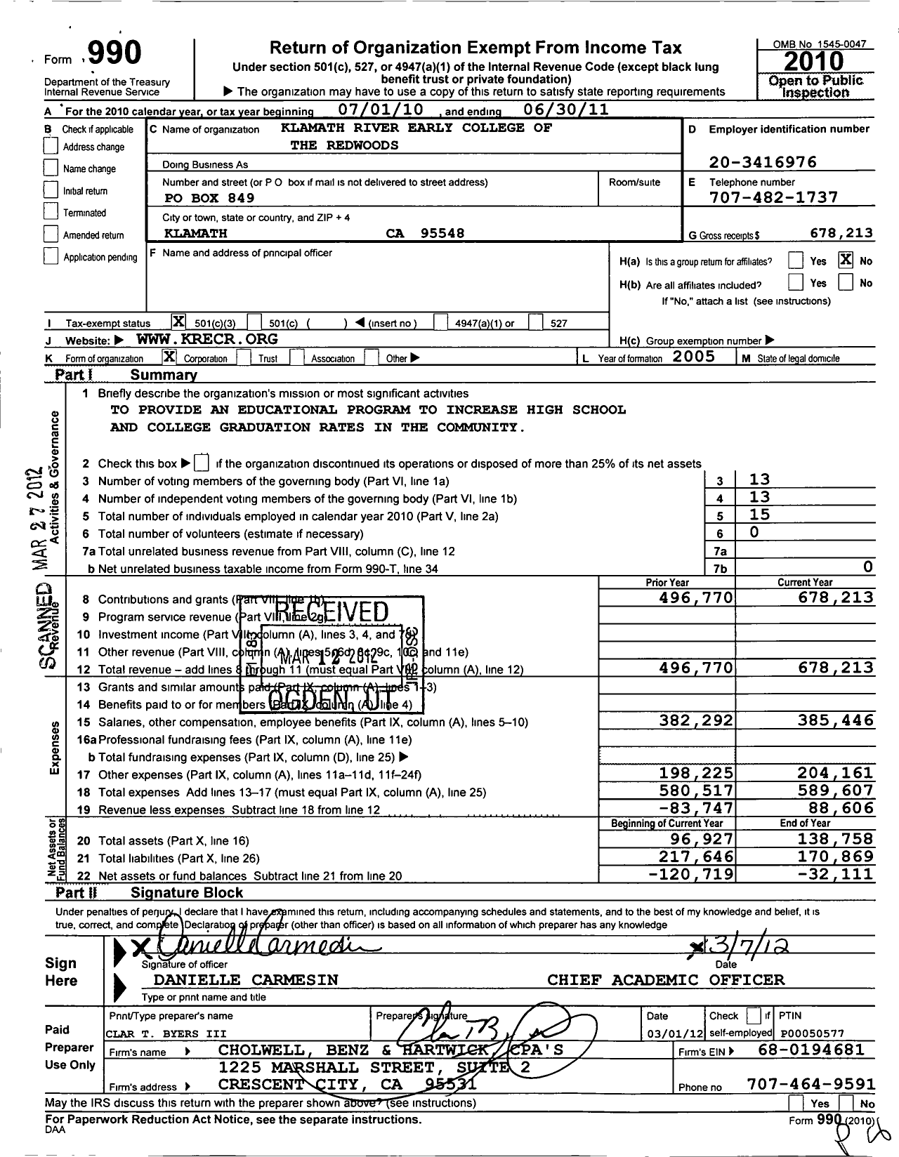 Image of first page of 2010 Form 990 for Klamath River Early College of the Redwoods