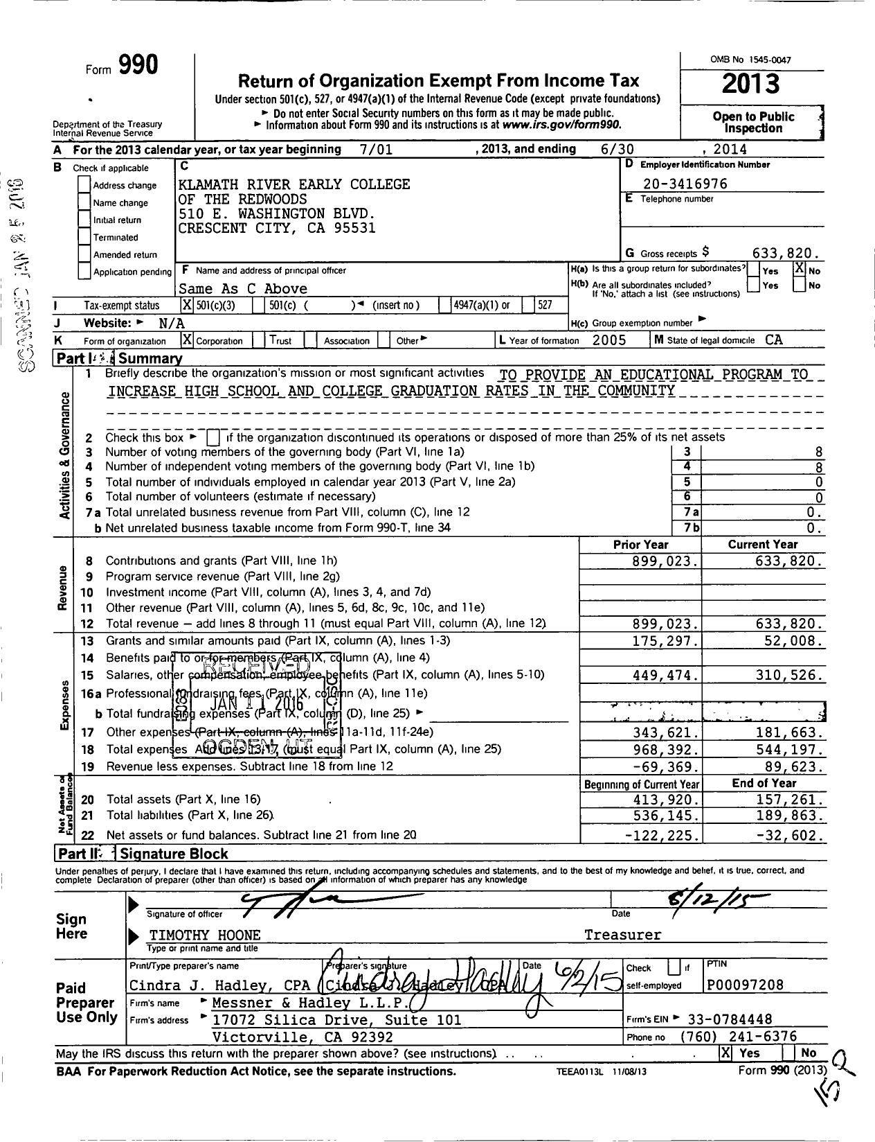 Image of first page of 2013 Form 990 for Klamath River Early College of the Redwoods