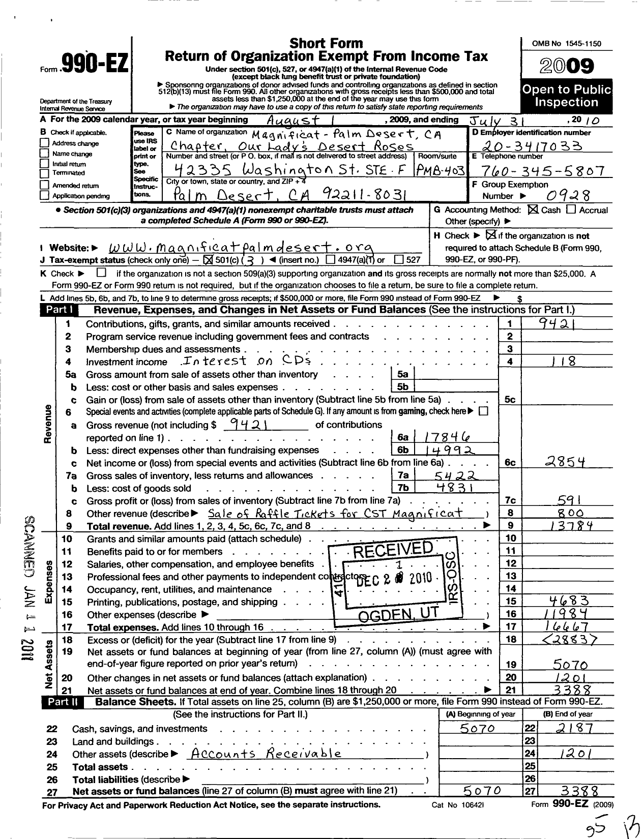 Image of first page of 2009 Form 990EZ for Magnificat-Palm Desert Ca Chapter Our Ladys Desert Roses