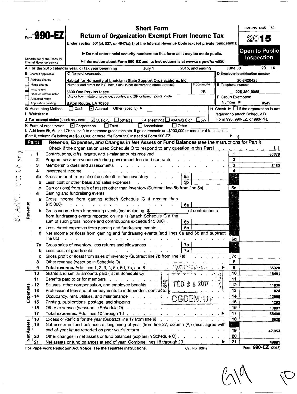 Image of first page of 2015 Form 990EZ for Habitat For Humanity of Louisiana State Support Organization