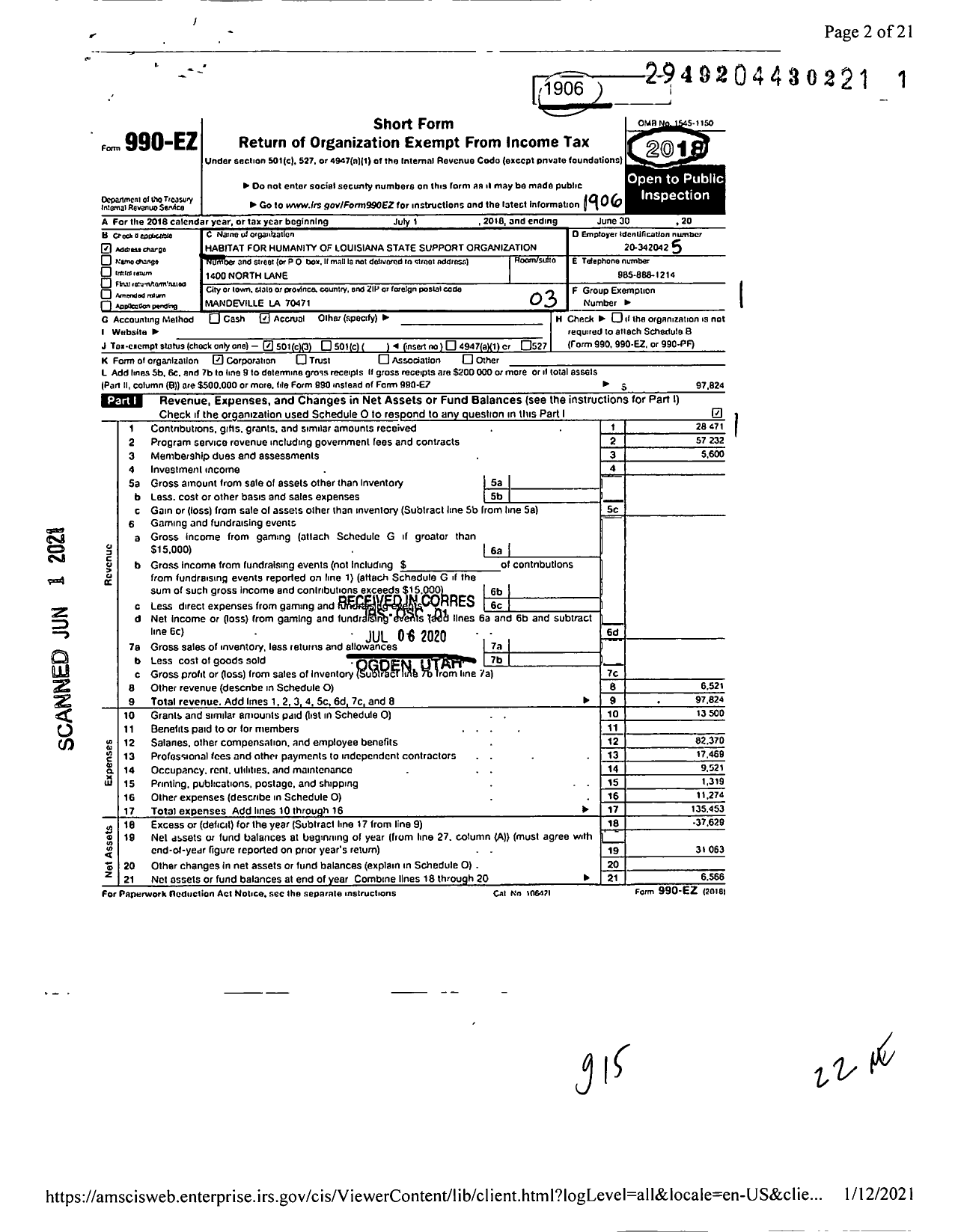 Image of first page of 2018 Form 990EZ for Habitat For Humanity of Louisiana State Support Organization