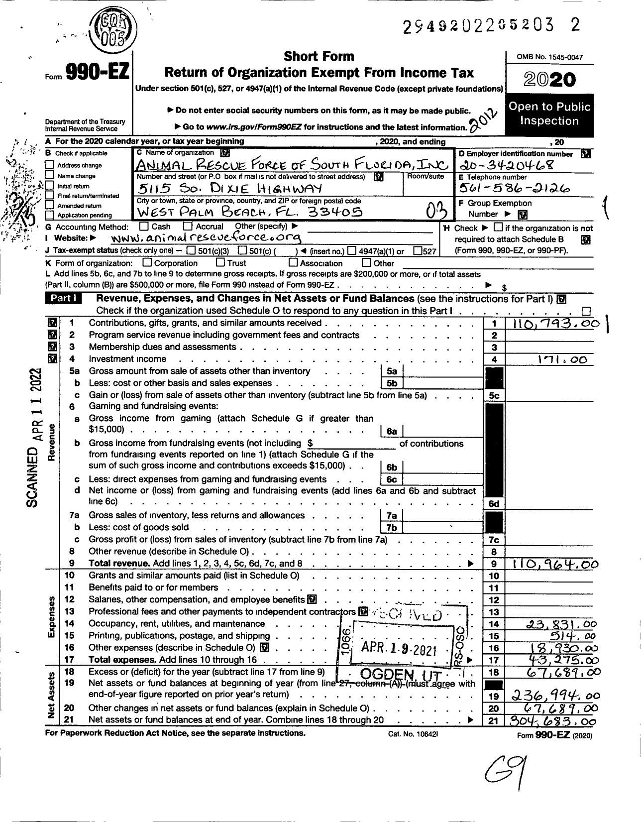 Image of first page of 2020 Form 990EZ for Animal Rescue Force of South Florida