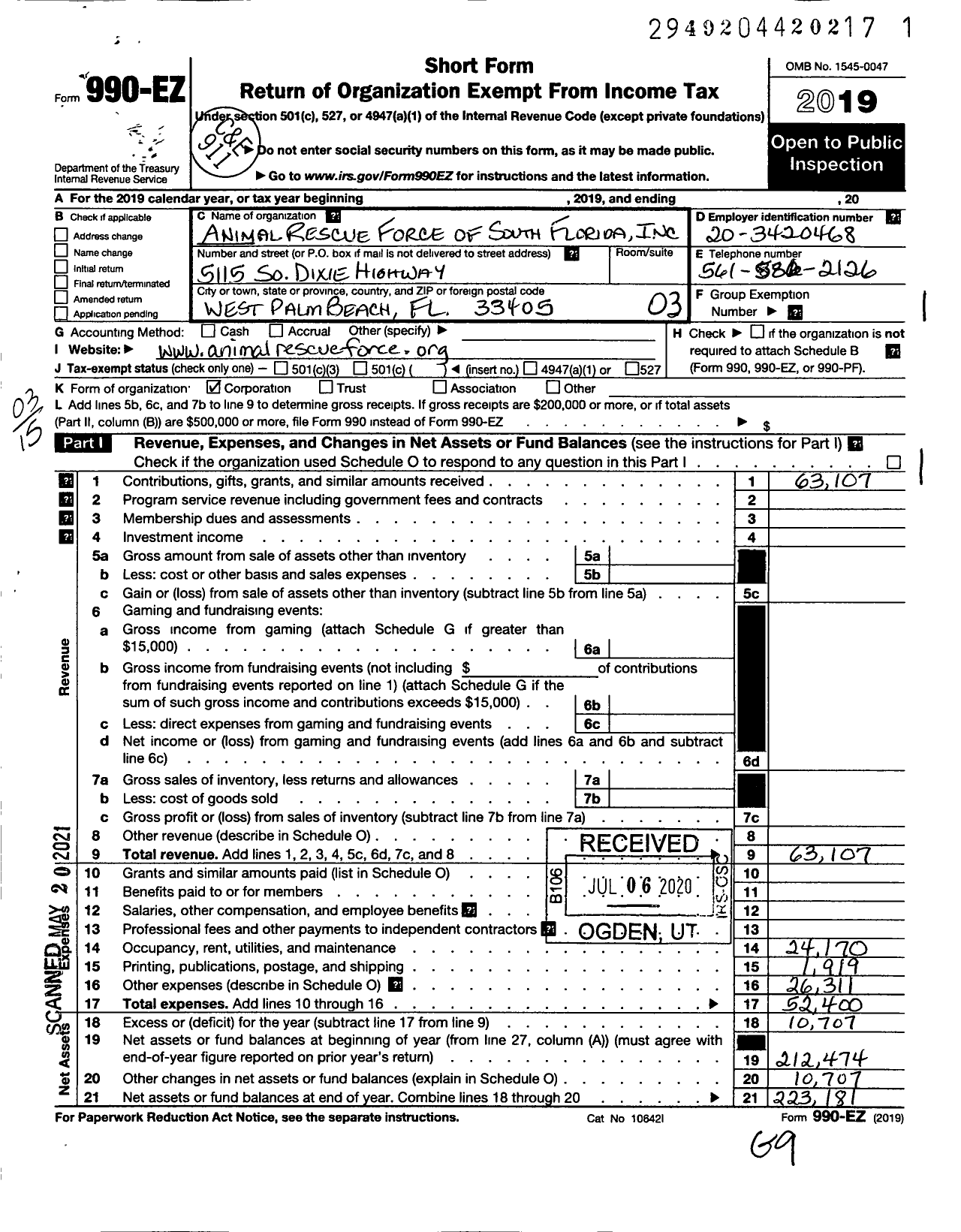 Image of first page of 2019 Form 990EZ for Animal Rescue Force of South Florida