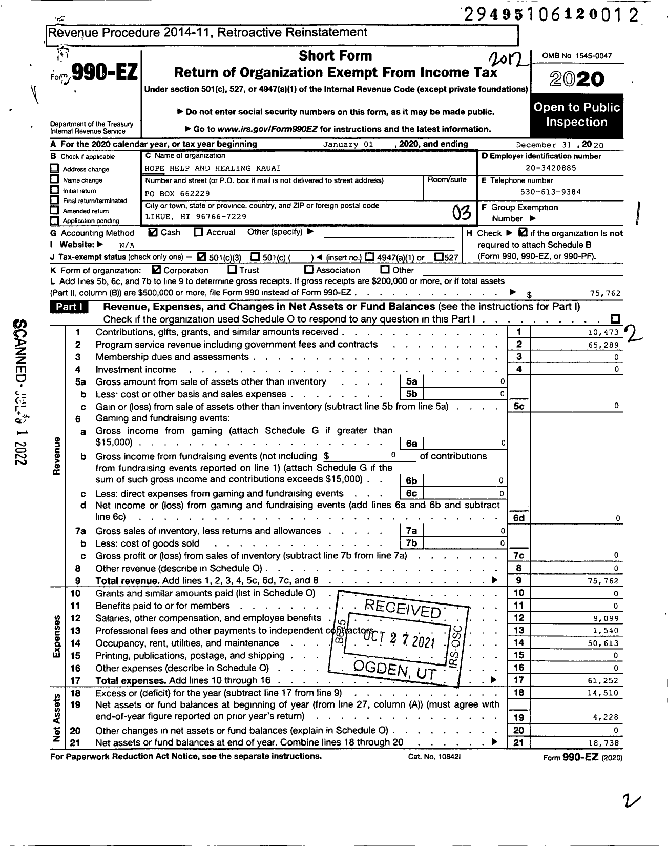 Image of first page of 2020 Form 990EZ for Hope Help and Healing Kauai