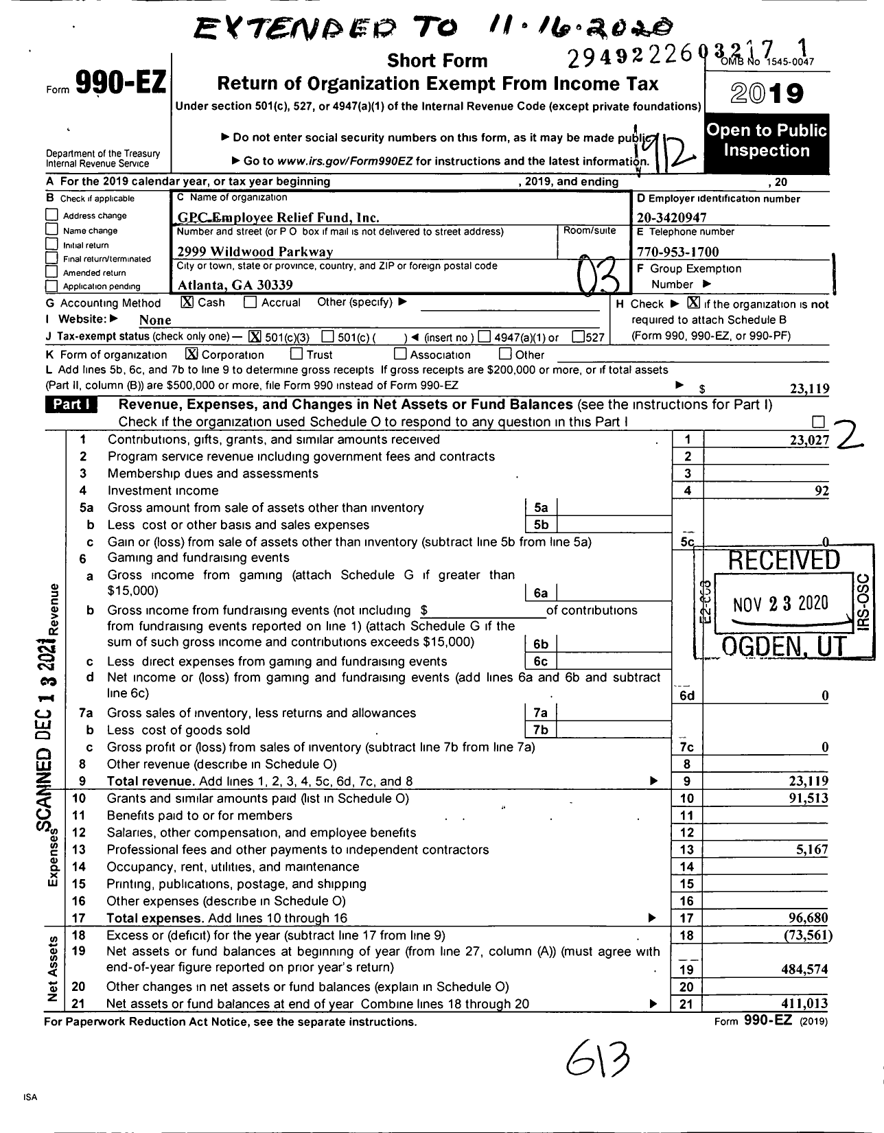 Image of first page of 2019 Form 990EZ for GPC Employee Relief Fund