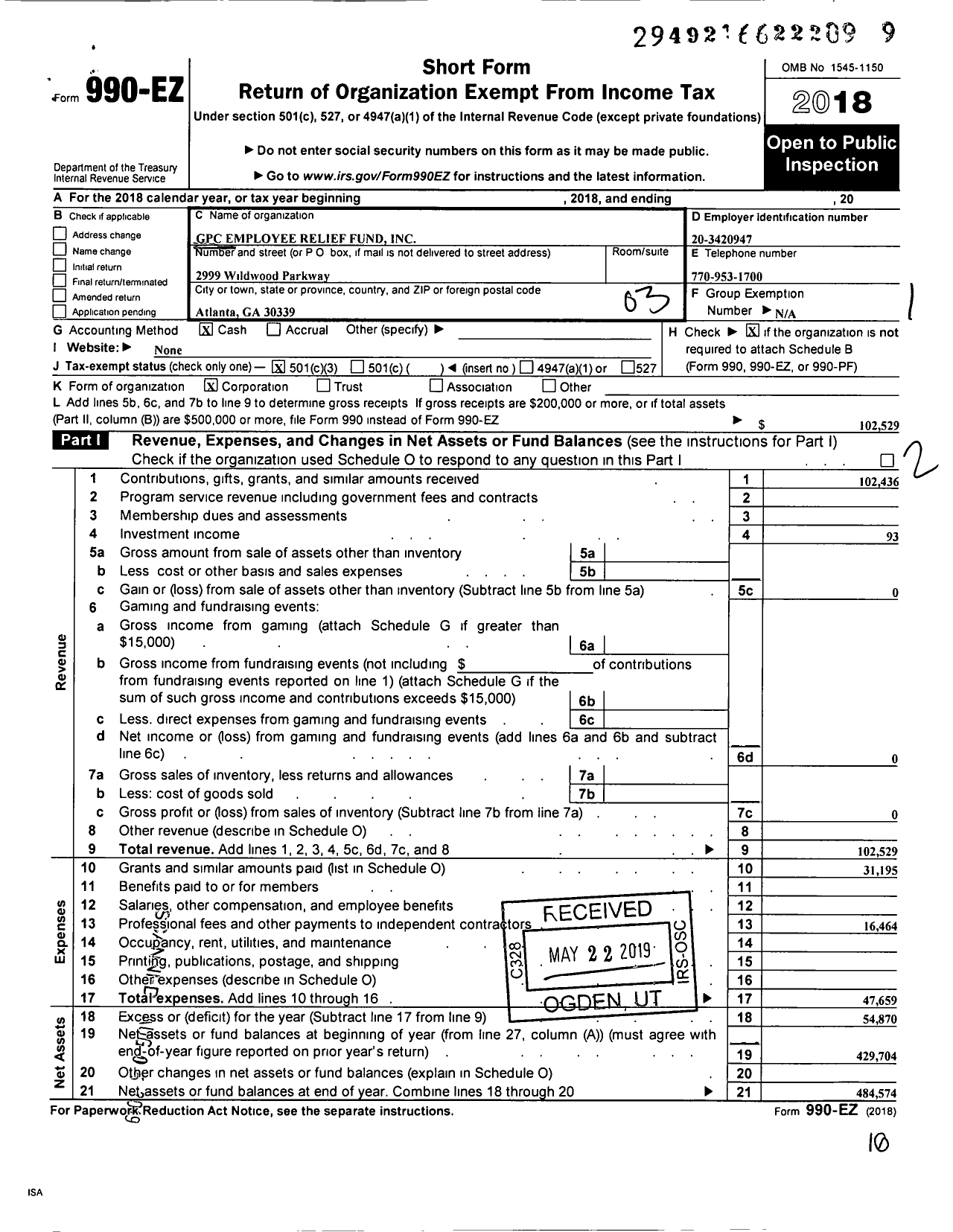 Image of first page of 2018 Form 990EZ for GPC Employee Relief Fund