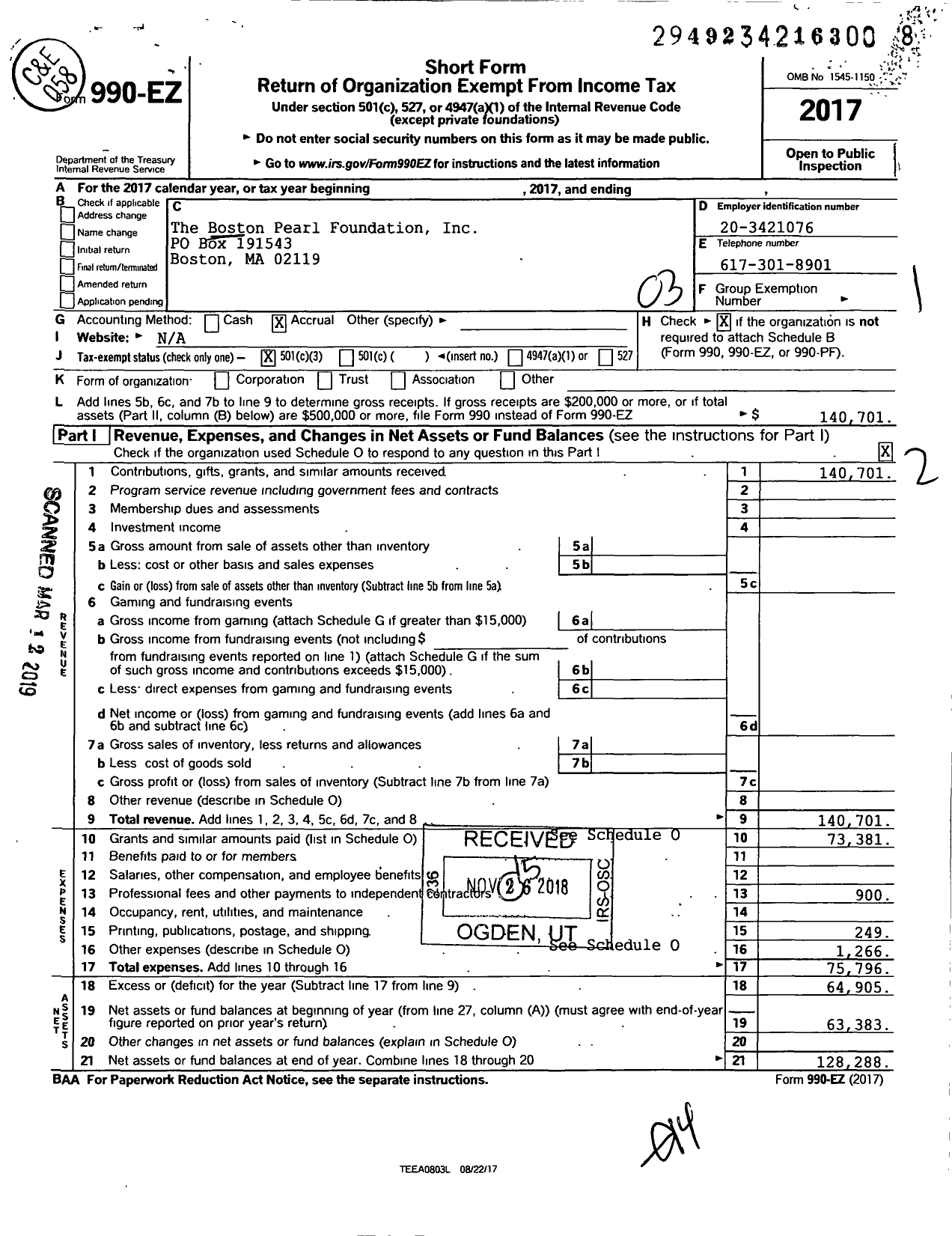 Image of first page of 2017 Form 990EZ for The Boston Pearl Foundation