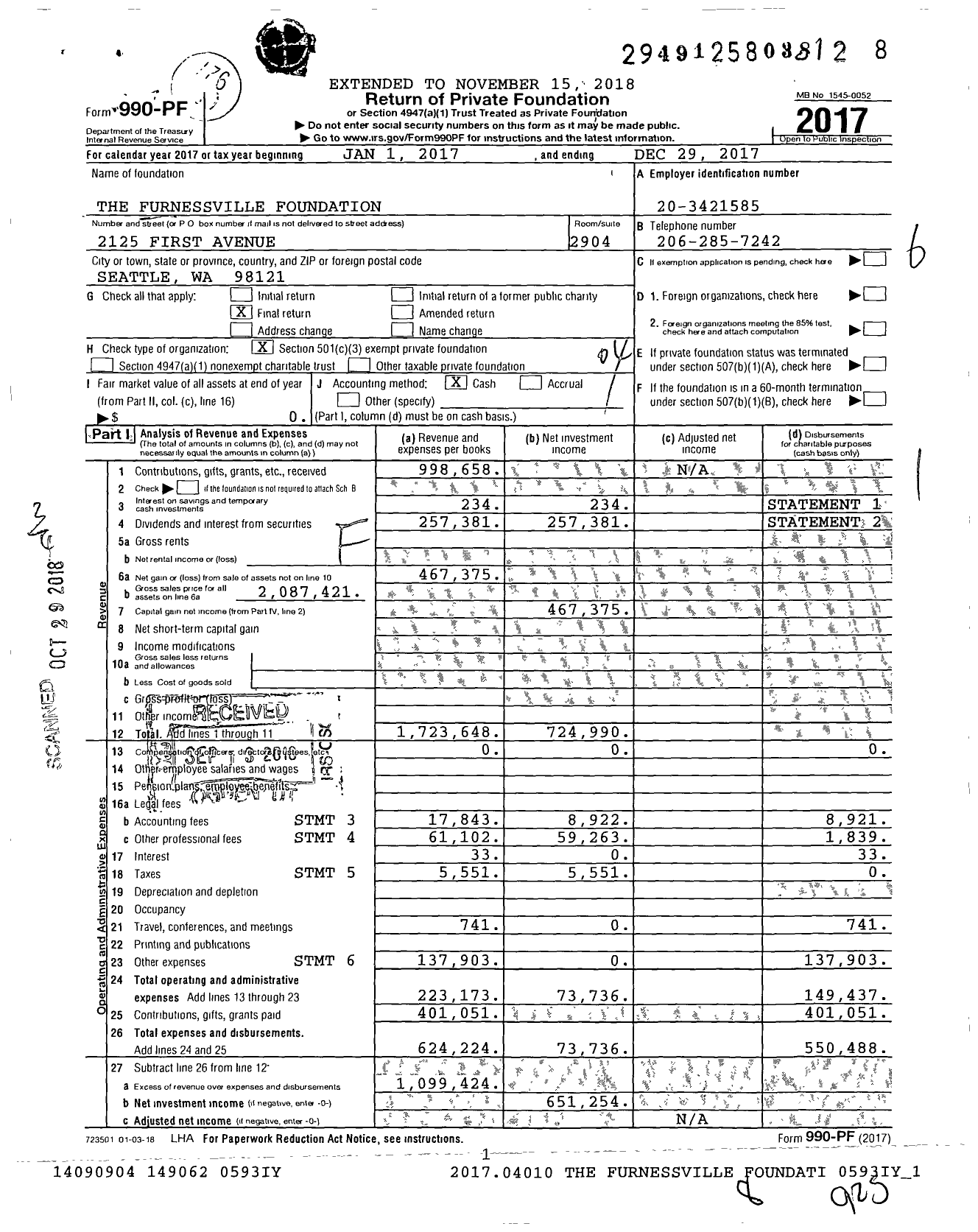 Image of first page of 2017 Form 990PF for The Furnessville Foundation
