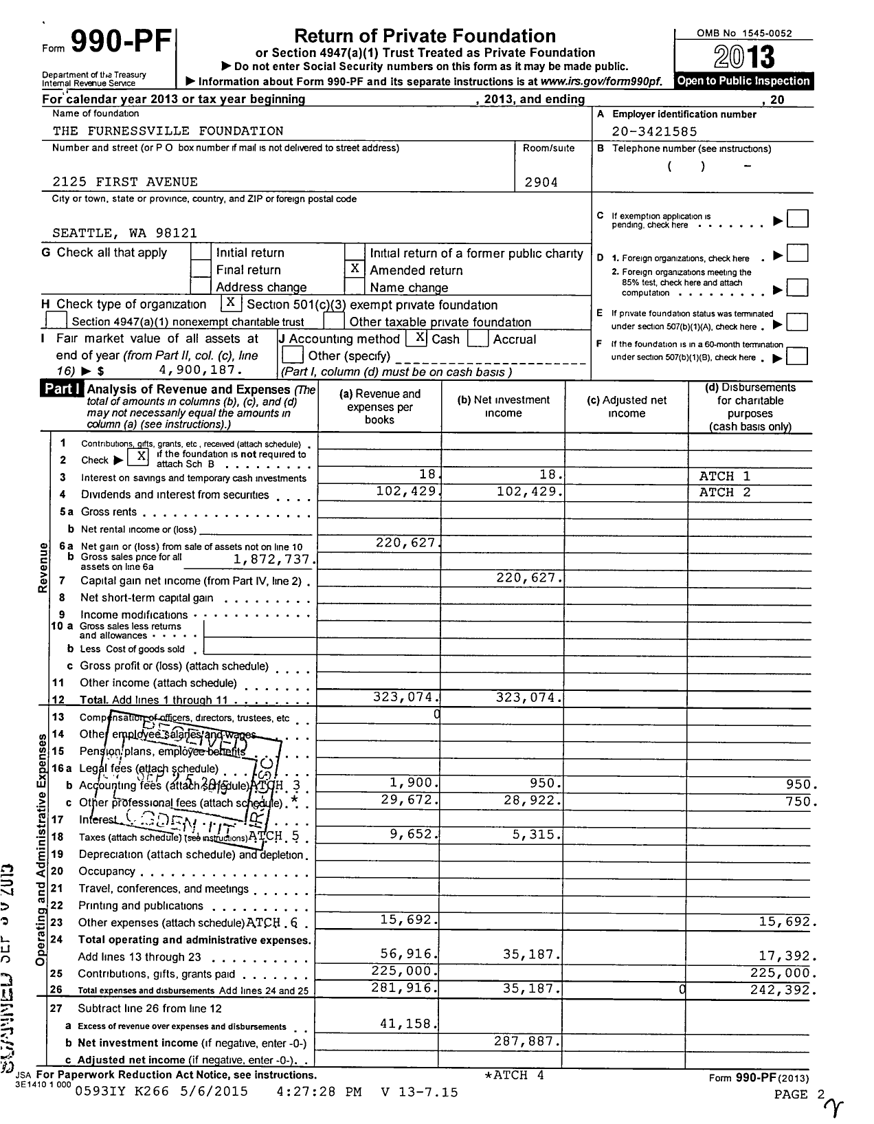 Image of first page of 2013 Form 990PF for The Furnessville Foundation