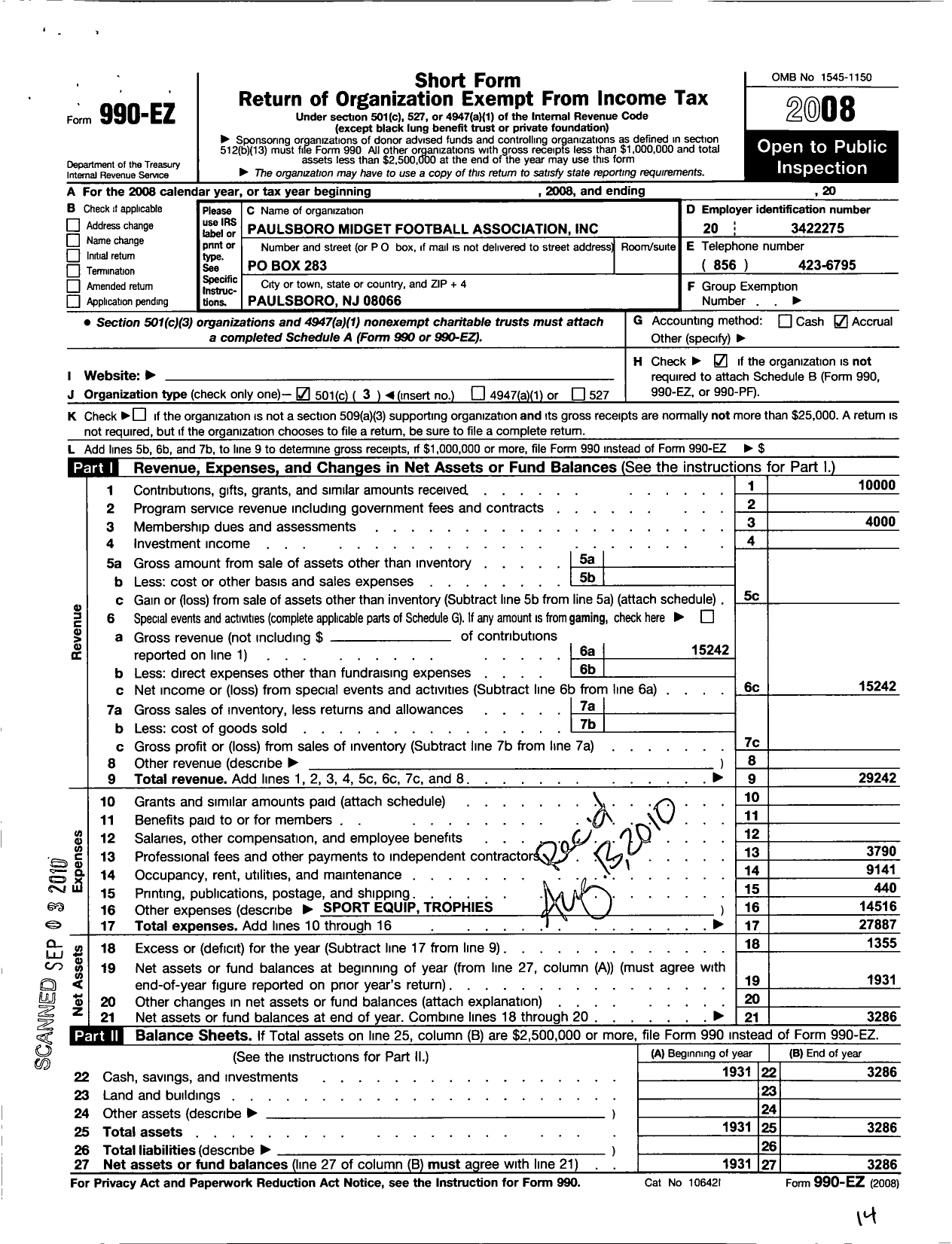 Image of first page of 2008 Form 990EZ for Paulsboro Midget Football Organization