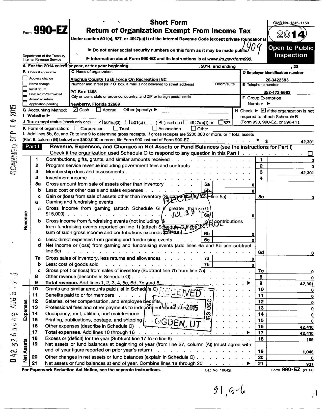 Image of first page of 2013 Form 990EZ for Alachua County Task Force on Recreation