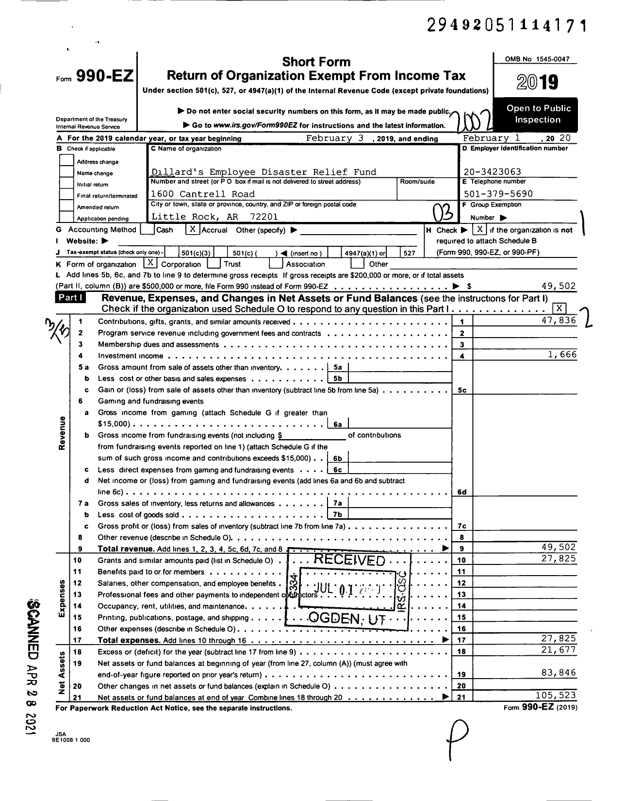 Image of first page of 2019 Form 990EZ for Dillards Employee Disaster Relief Fund