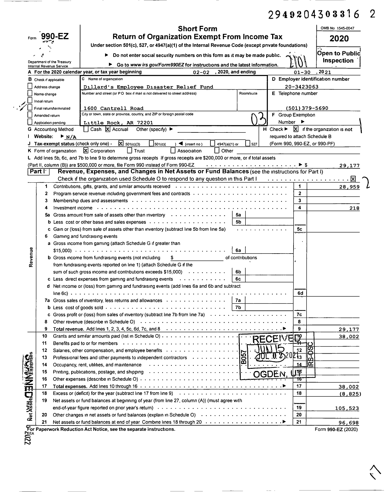 Image of first page of 2020 Form 990EZ for Dillards Employee Disaster Relief Fund