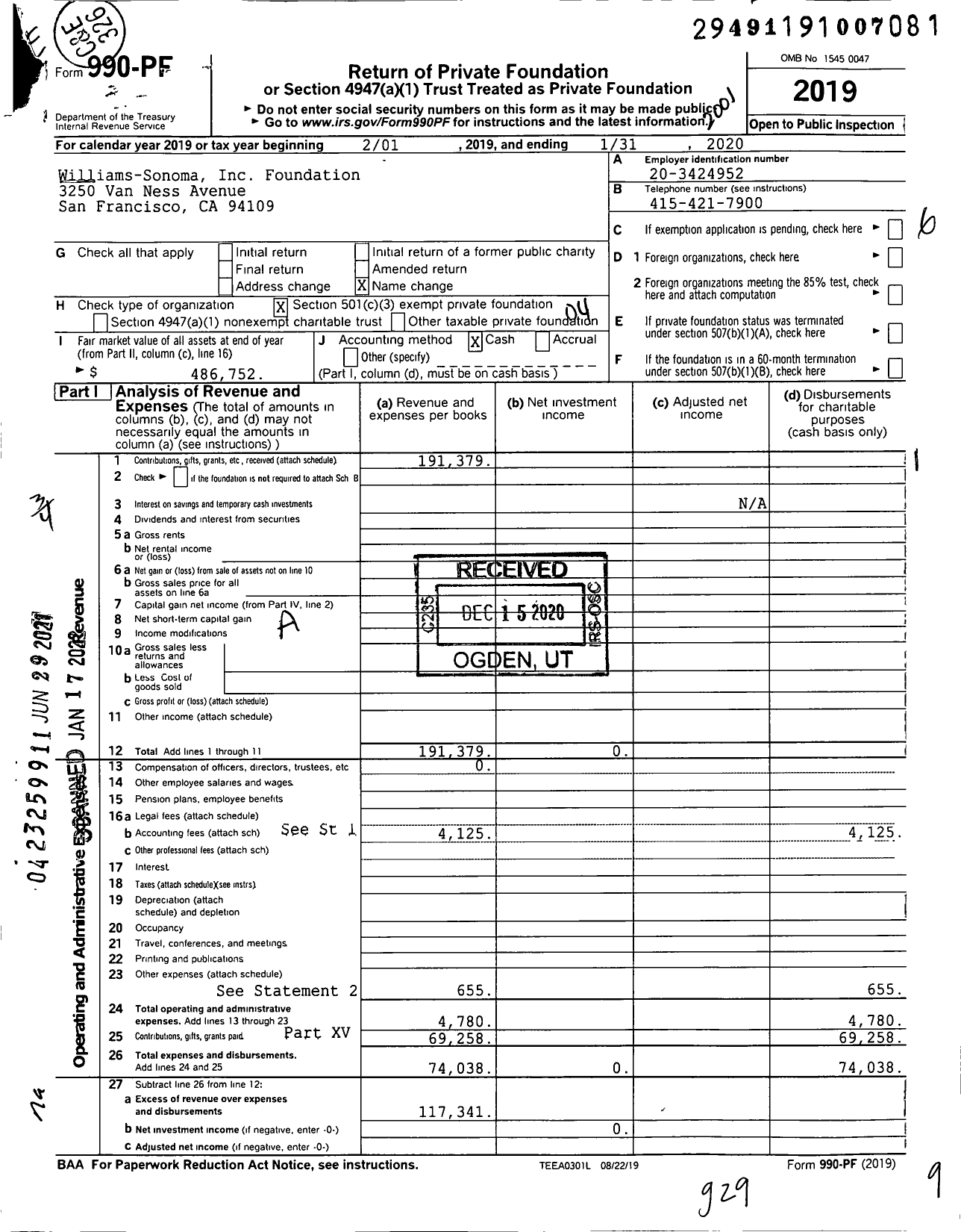 Image of first page of 2019 Form 990PF for Williams-Sonoma Inc Foundation