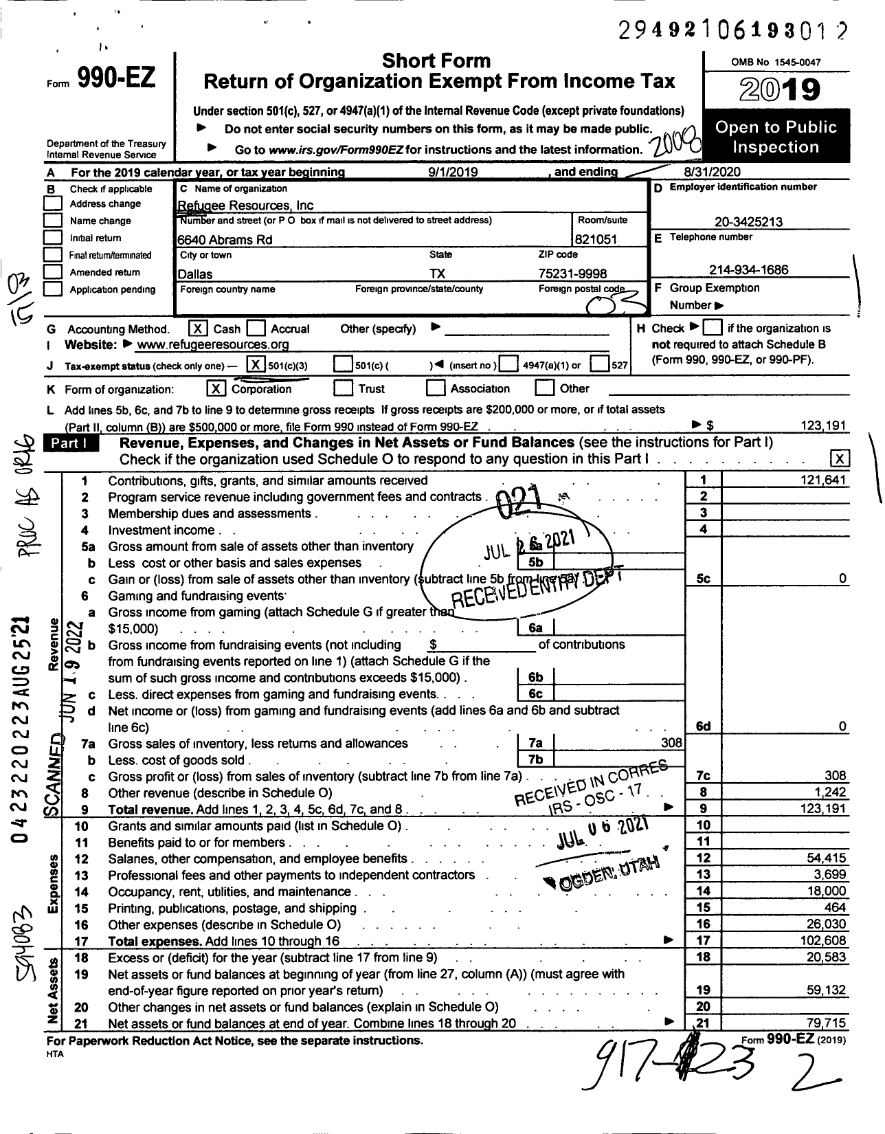 Image of first page of 2019 Form 990EZ for Refugee Resources