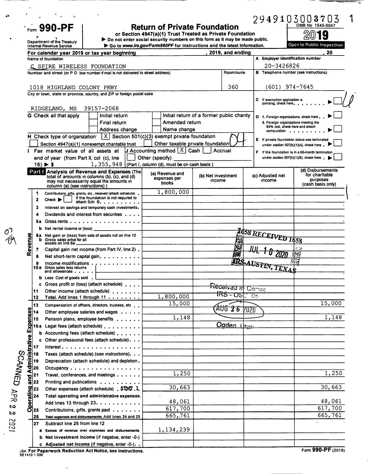 Image of first page of 2019 Form 990PF for C Spire Wireless Foundation