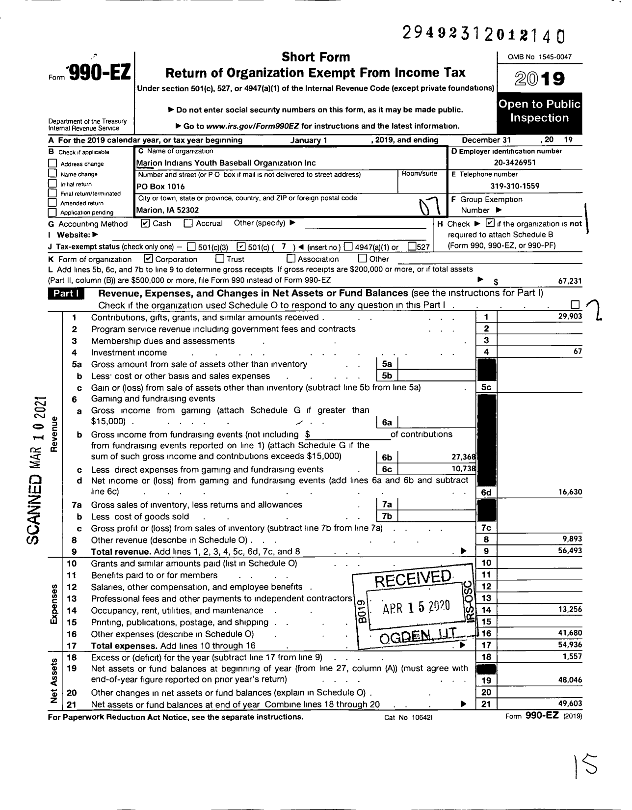 Image of first page of 2019 Form 990EO for Marion Indians Youth Baseball Organization