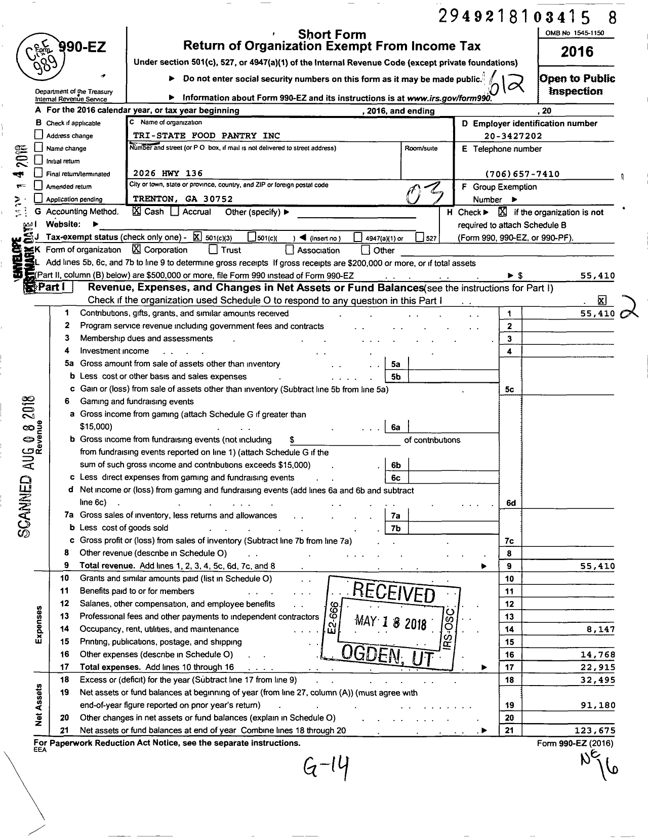 Image of first page of 2016 Form 990EZ for Tri State Food Pantry